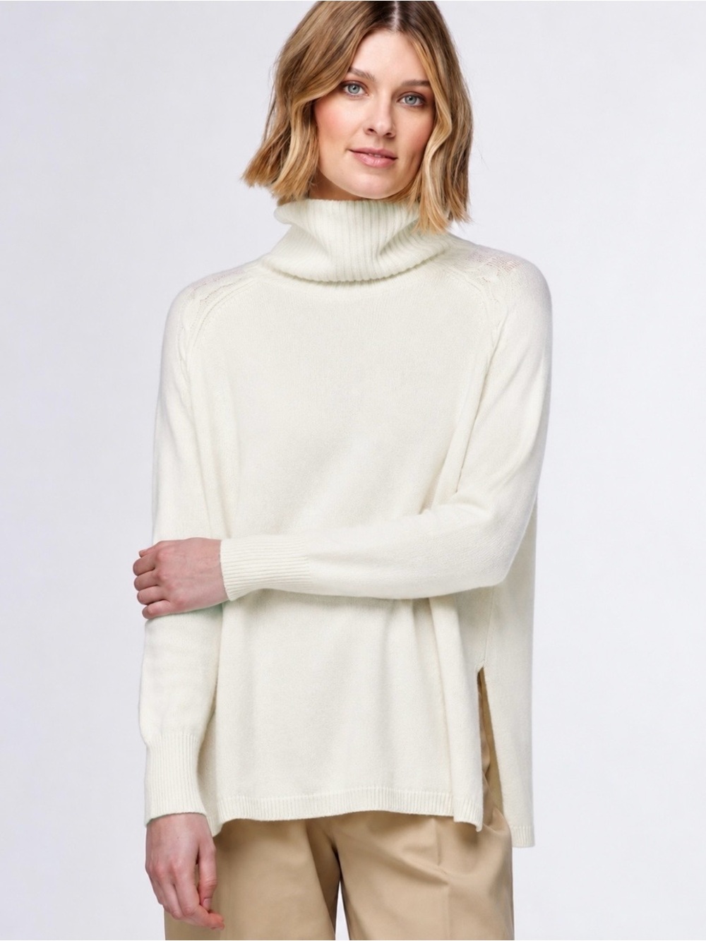 Zaket & Plover Merino Blend Turtleneck Cable Trim Sweater S Cream Classic Career